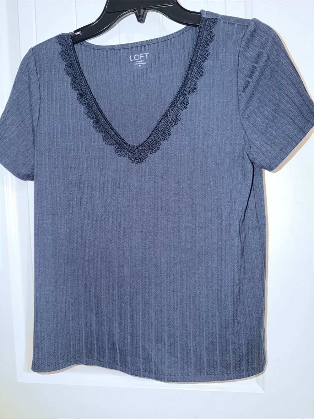 LOFT Navy Blue V-Neck Short Sleeve Top with Lace Trim